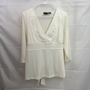 Vintage Tailor B. Moss women's cream belted 3/4 sleeve stretch v-neck blouse XL